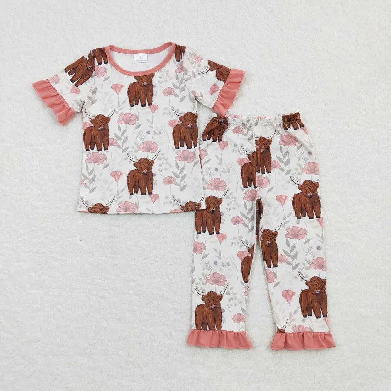 GSPO0962 Pink Highland Cow Girls Short Sleeve Bell Bottom Pants Outfits Pajamas Sleek Men's Metallic