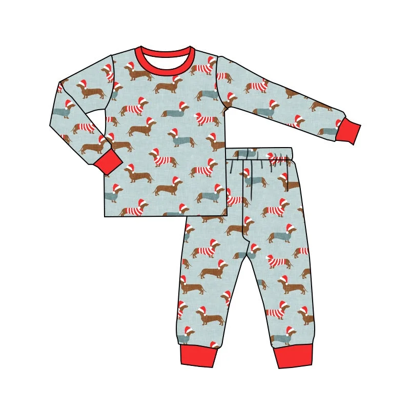 Preorder BLP0515 Christmas hat dog blue long sleeve trousers pajamas set Organic