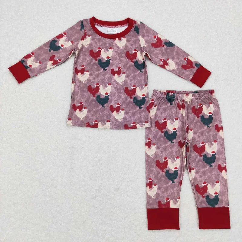 BLP0374 Christmas Red chicken Cartoon Girls Long Sleeve Pants Outfits Pajamas Casual Men's Japanese 