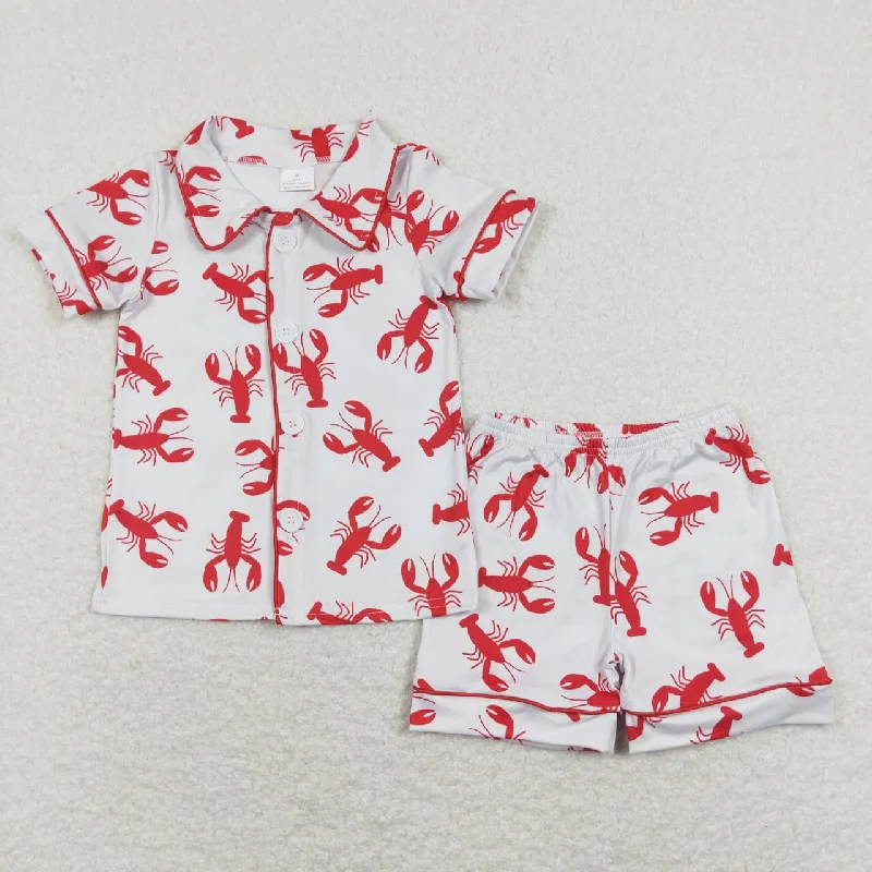 BSSO0390 Red Crayfish Collar Boys Short Sleeve Shorts Outfits Pajamas Monochromatic All