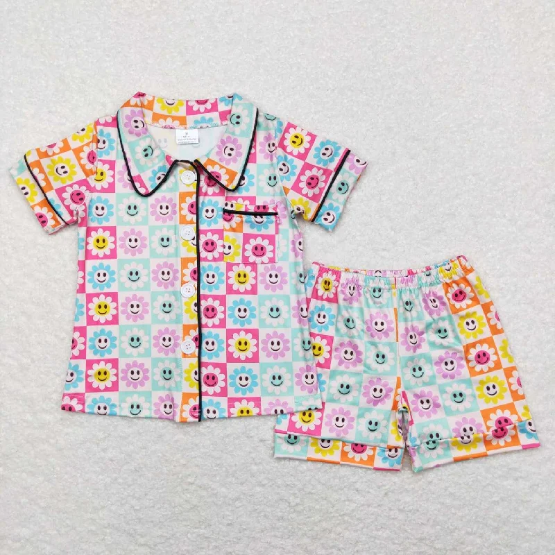 GSSO0381 Yellow Blue sunflower Smile Collar Girls Short Sleeve Shorts Outfits Pajamas Hip Men's Urban