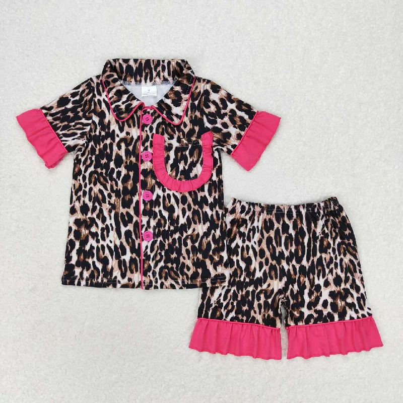 GSSO1121 Leopard print rose red lace short sleeve shorts pajamas set high quality girls clothing sets summer 2024 Gym