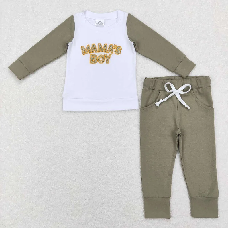 BLP0435 Green Mama's Boy Embroidery  Boys Long Sleeve Pants Outfits Pajamas Relaxed Men's Beach