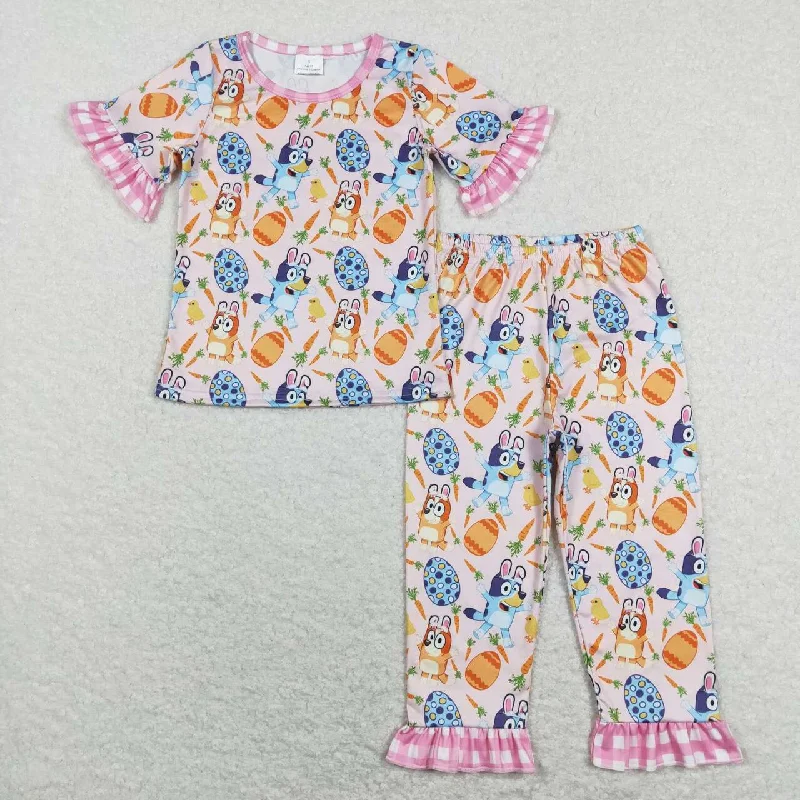 GSPO1253  Easter Pink Blue Rabbit Girls Short Sleeve Bell Bottom Pants Outfits Pajamas Practical Men's Multi