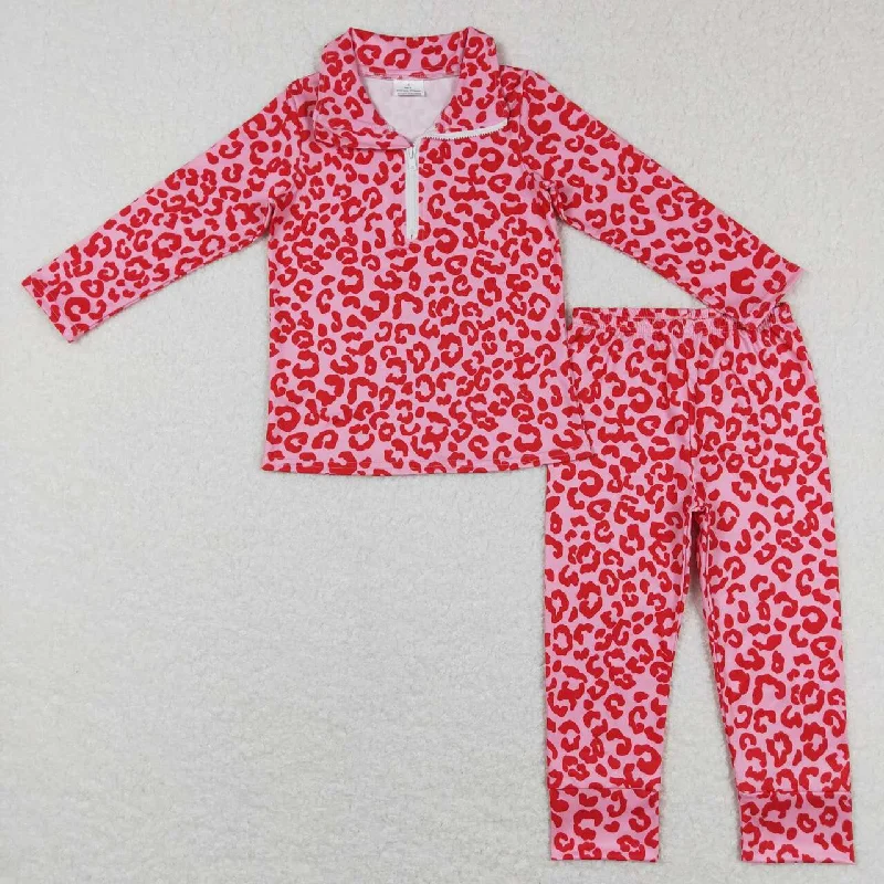 GT0414 P0386  Pink Leopard   Boys Long Sleeve Pants Outfits Collar Pajamas Sophisticated Men's 