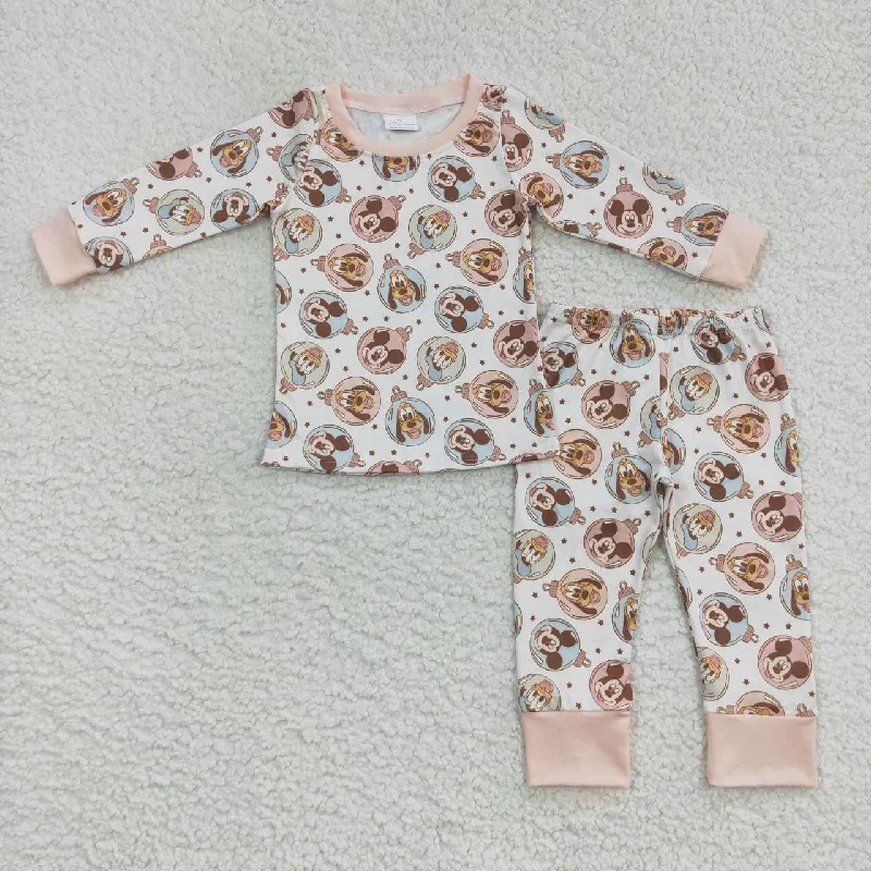 BLP0739 Pink Dog M Cartoon   Boys Long Sleeve Pants Outfits Pajamas Cclassic Men's Tweed