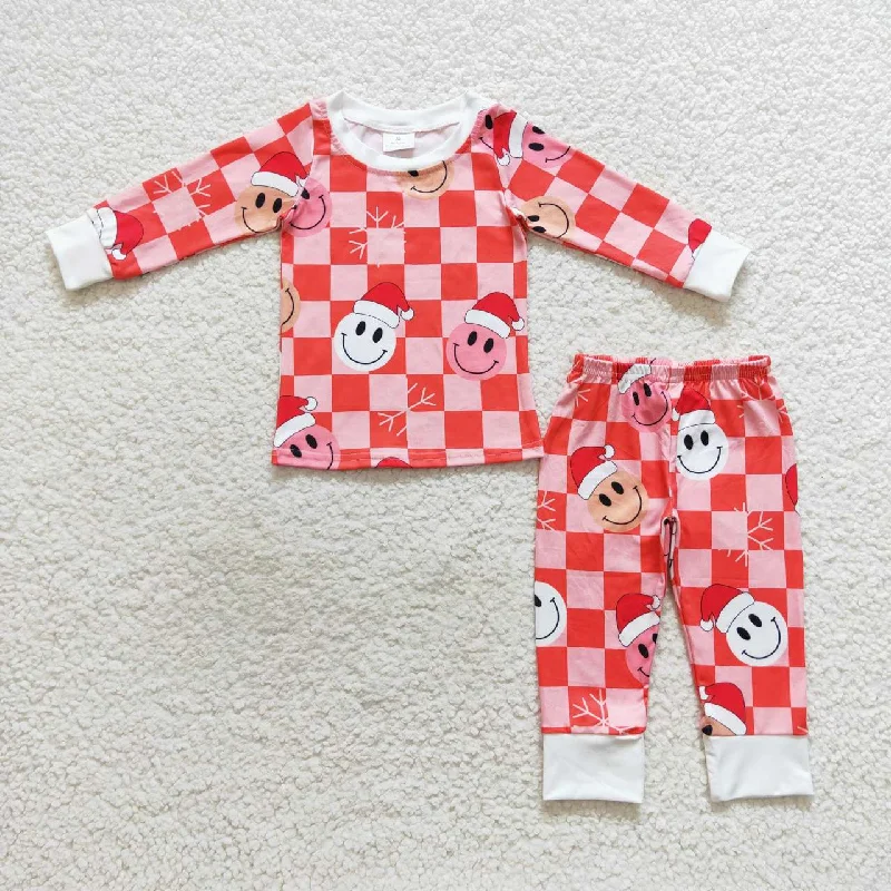 GLP0733 Christmas Red Santa Plaid Girls Long Sleeve Pants Outfits Pajamas Trendy Men's Oversized