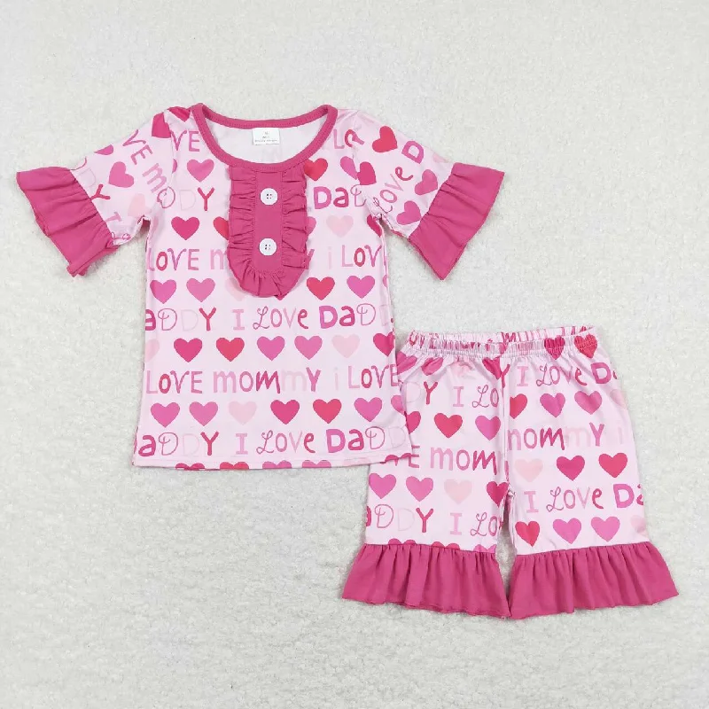 GSSO0445 Valentine Pink Love Mommy Daddy Girls Short Sleeve Shorts Outfits Pajamas Street