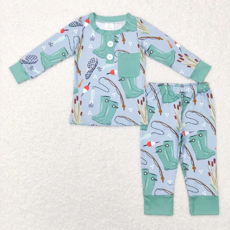 BLP0333 Green Blue Fish  Boys Long Sleeve Pants Outfits Pajamas Adventure