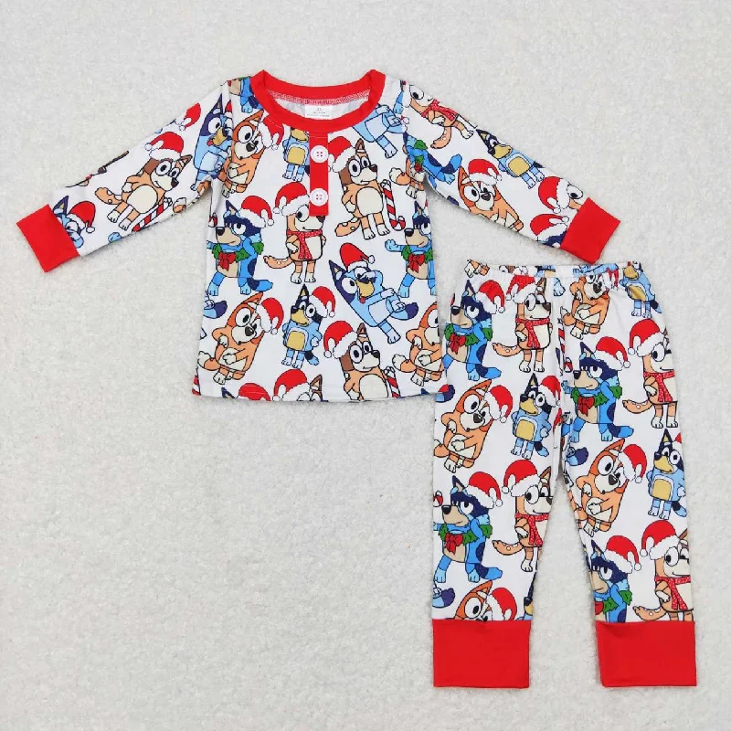 BLP0413 Christmas Red Blue Dog Cartoon Boys Long Sleeve Pants Outfits Pajamas Cclassic Men's Tweed