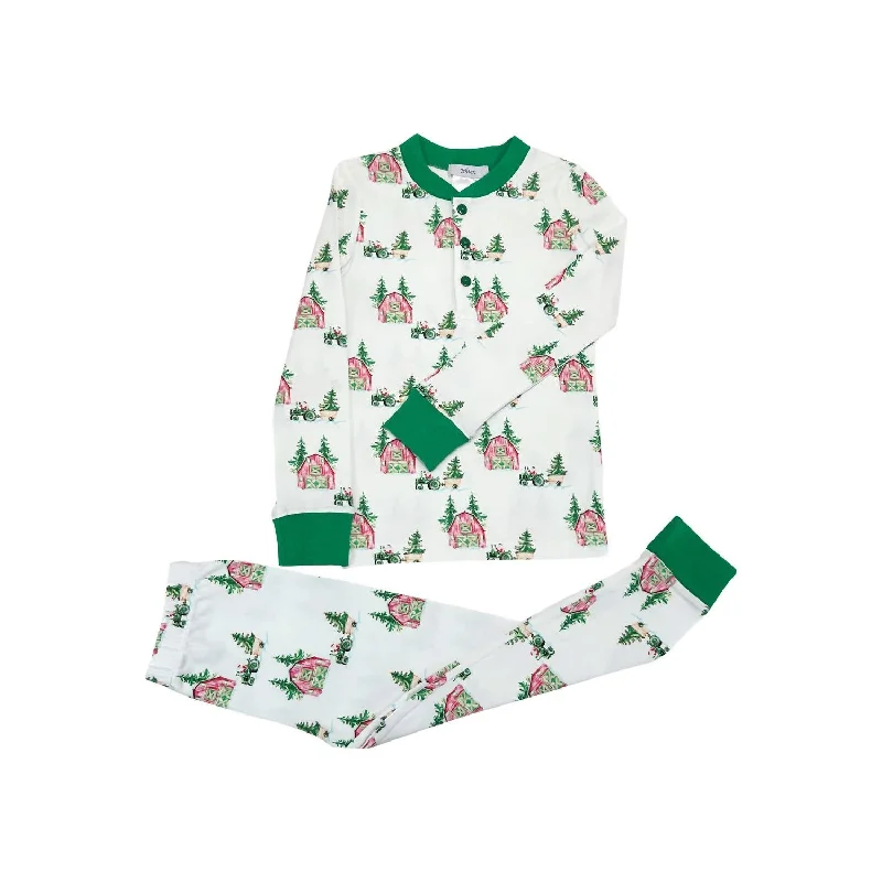 Boy's Christmas Tree Farm Pajama Set In White & Green Print Hip Men's Retro