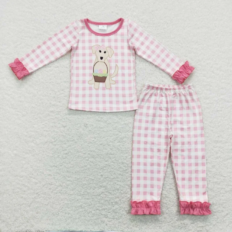 GLP1036 Easter Dog Egg Pink Embroidery Girls Long Sleeve Pants Outfits Pajamas Casual Men's Short