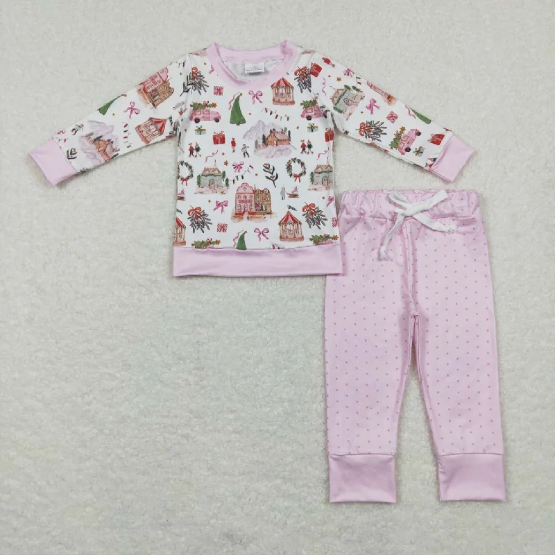 GLP0914 Christmas Pink Tree Girls Long Sleeve Pants Outfits pajamas Tailored