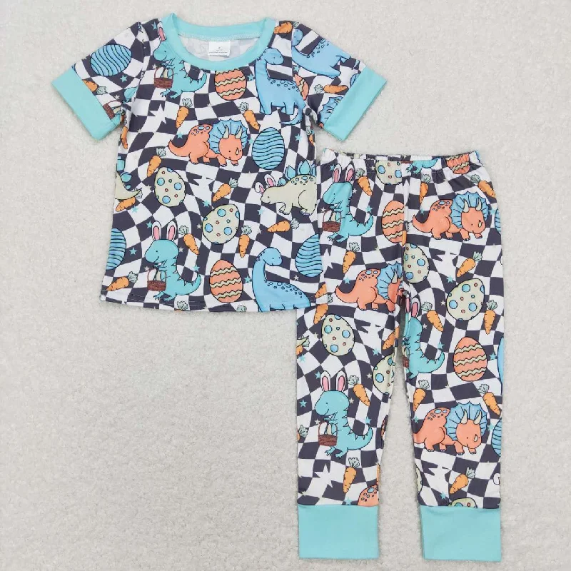 BSPO0283  Easter Rabbit Blue Dinosaur  Boys Short Sleeve Bell Bottom Pants Outfits Pajamas Elegant Men's Cashmere