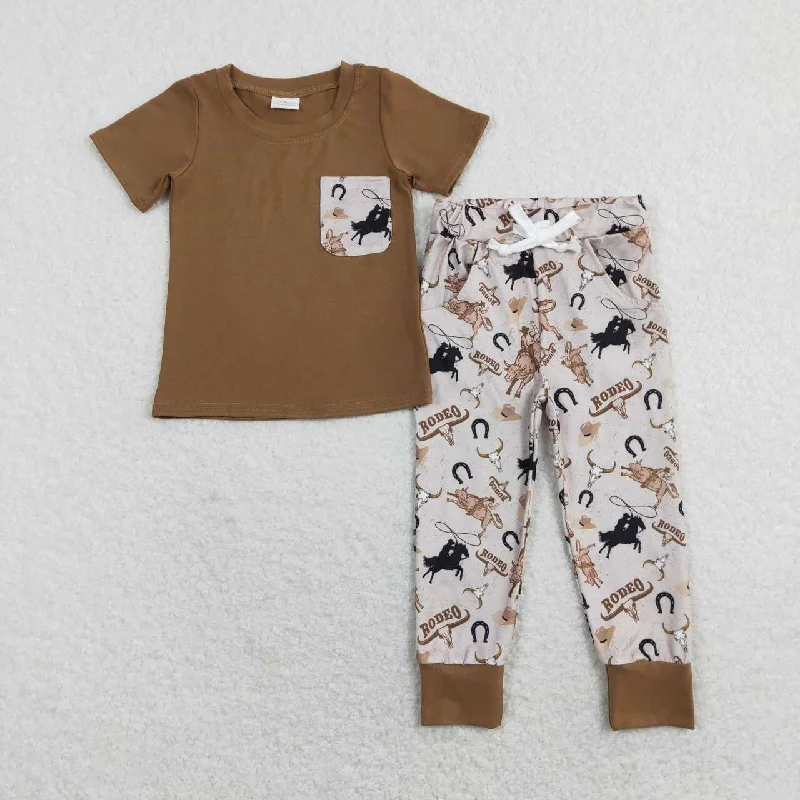 BSPO0198 Brown Rodeo  Pocket Boys Short Sleeve Pants Outfits Pajamas Earthy Men's Hemp