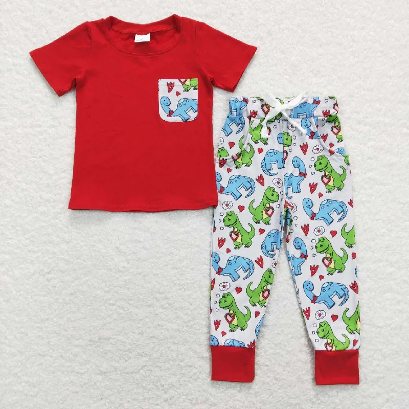 BSPO0235 Valentine Love Red Dinosaur Boys Short Sleeve Bell Bottom Pants Outfits Pajamas Monochromatic Office Style