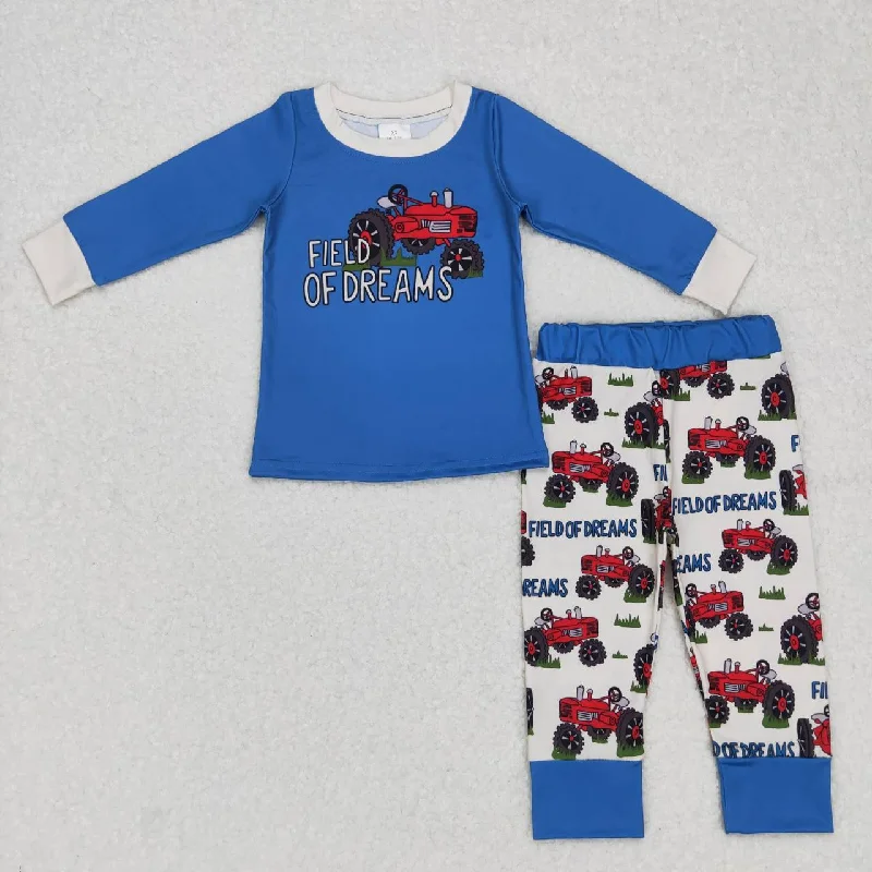 BLP0372   Blue Farm Field Of Dreams Truck Boys Long Sleeve Pants Outfits Pajamas Minimalist Men's Casual 