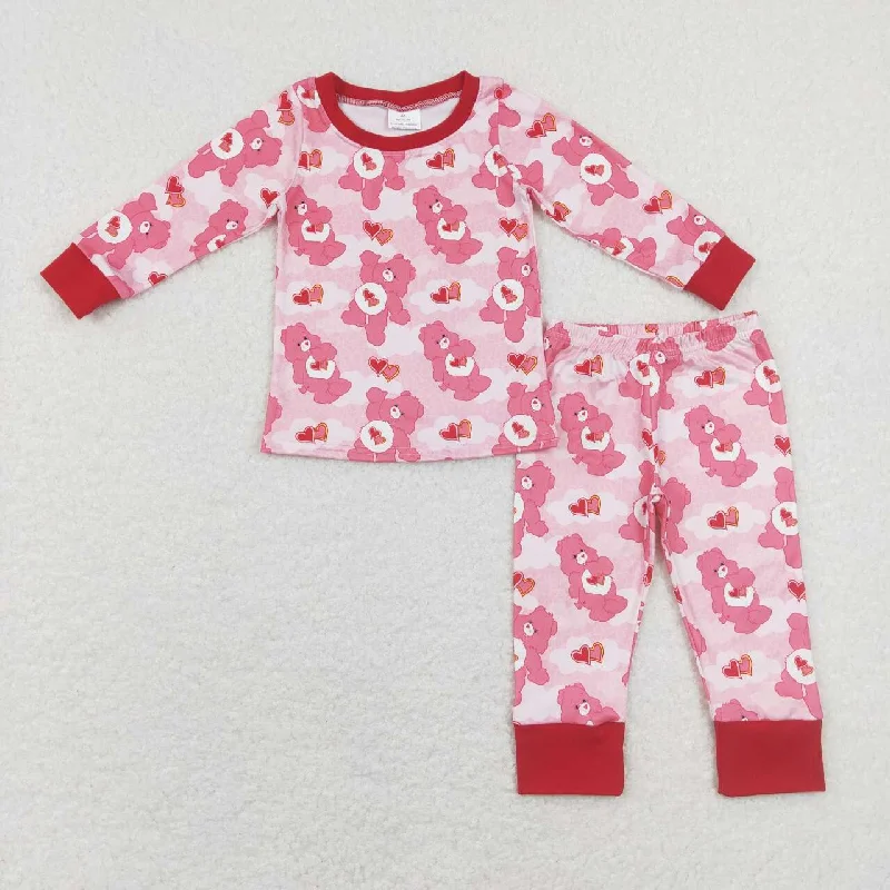 GLP1090  Valentine Love Pink Bear cartoon  Girls Long Sleeve Pants Outfits Pajamas Relaxed Men's Australian 