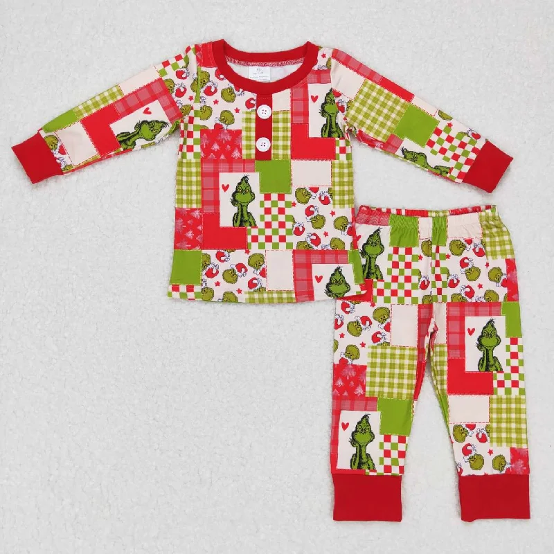 BLP0373 Christmas Red Green Cartoon Girls Long Sleeve Pajamas Gym