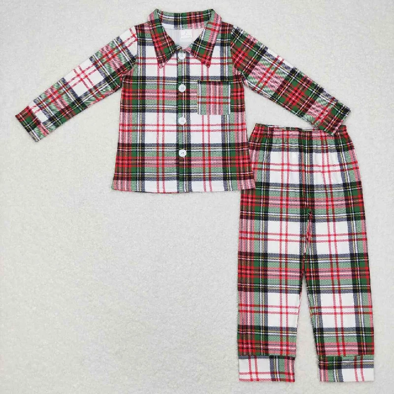 BLP0444  Christmas Red Green Plaid Boys Long Sleeve Pants Outfits Collar Pajamas Modern Men's Geometric