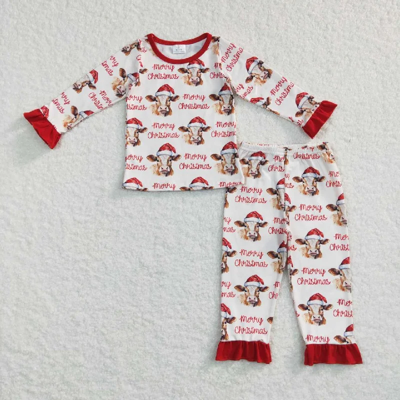 GLP0866  Merry Christmas Cow Red Girls Long Sleeve Pants Outfits Pajamas Hip Men's Urban