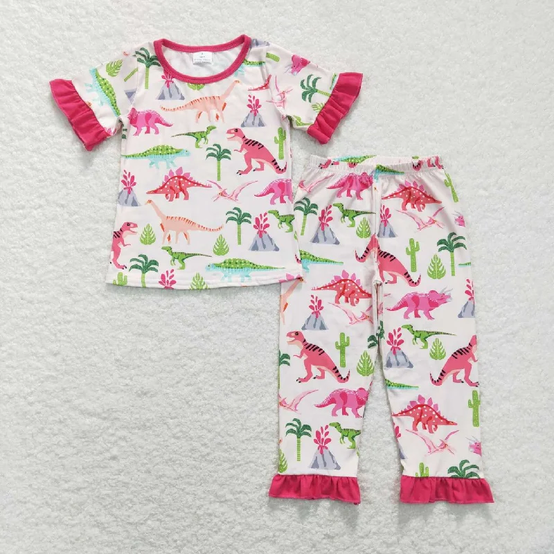 GSPO1001  Pink Dinosaur Cartoon Girls Short Sleeve Pants Outfits pajamas Sophisticated Men's 