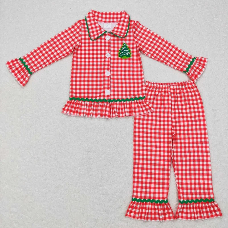 GLP0854 Christmas Red Green Tree Collar Girls Long Sleeve Pajamas Casual Men's Loose