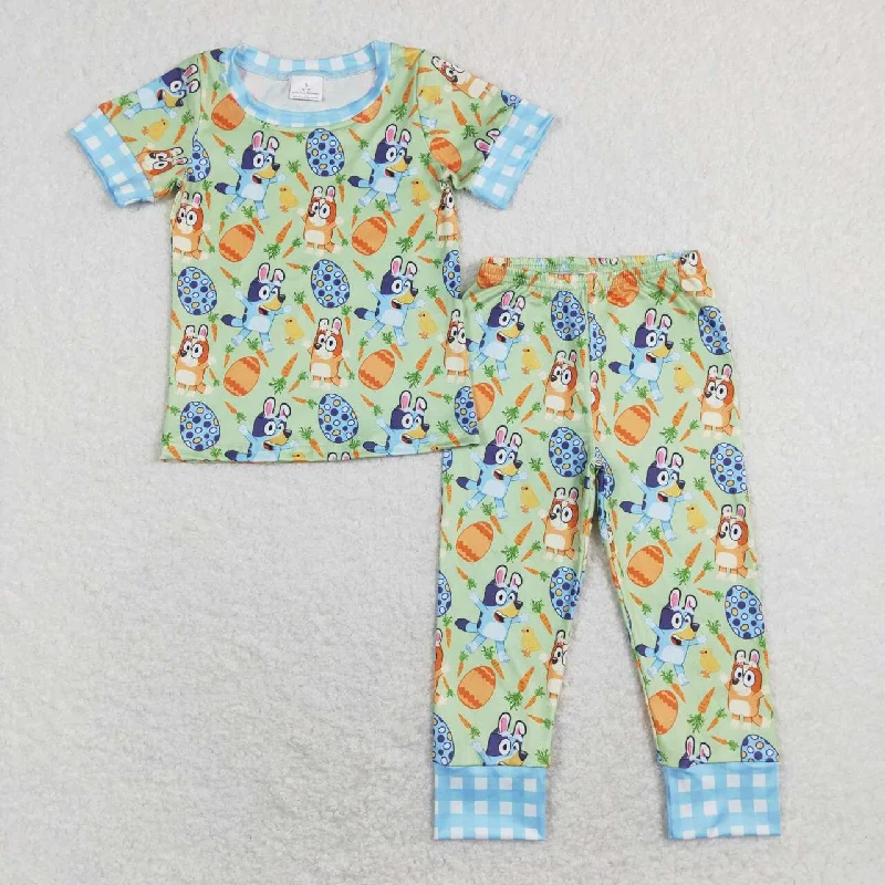 BSPO0273 Easter Carrot Blue Dog Cartoon Boys Short Sleeve Bell Bottom Pants Outfits Pajamas Cozy Men's Winter