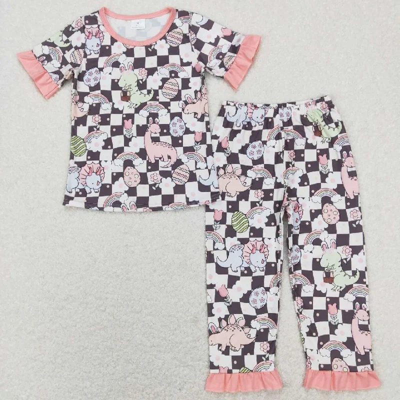 GSPO1203  Pink Easter Dinosaur Rabbit Girls Short Sleeve Bell Bottom Pants Outfits pajamas Bohemian Men's Free