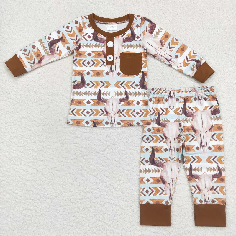 BLP0341 Brown Highland Cow  Boys Long Sleeve Pants Outfits Pajamas Traditional Men's Country