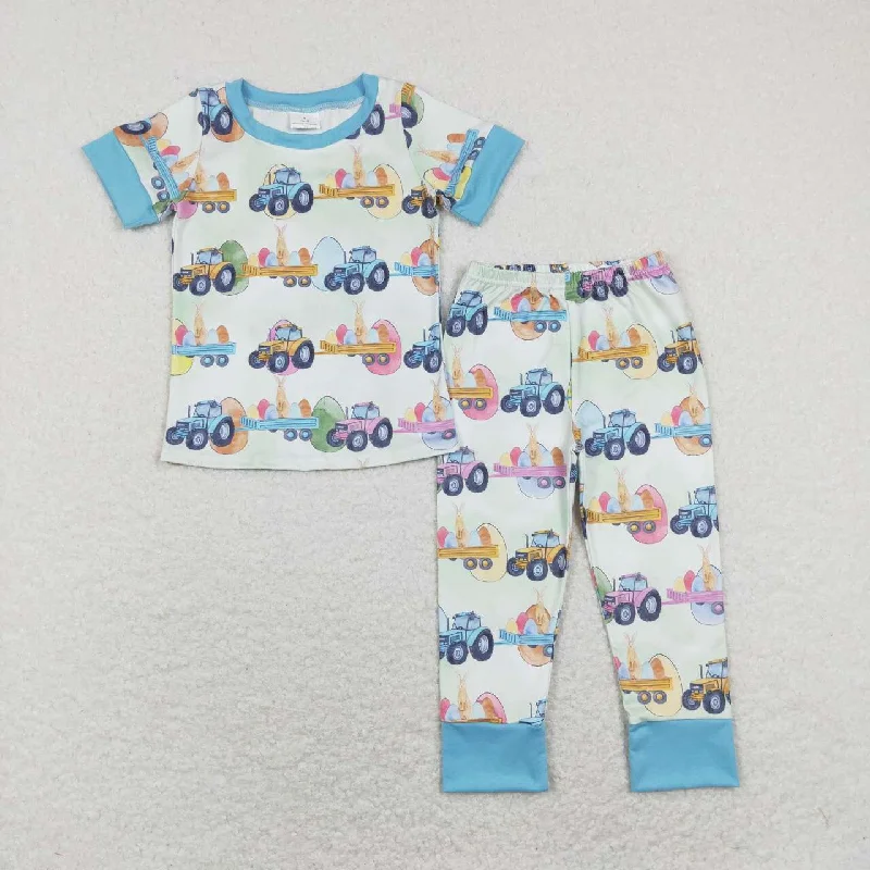 BSPO0300 Easter Carrot Blue Egg Boys Short Sleeve Bell Bottom Pants Outfits Pajamas Laid