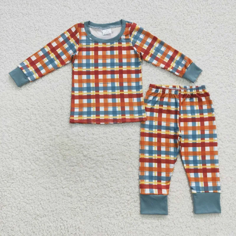 BLP0308  Red Blue Plaid  Boys Long Sleeve Pants Outfits Pajamas Polished Men's Silk