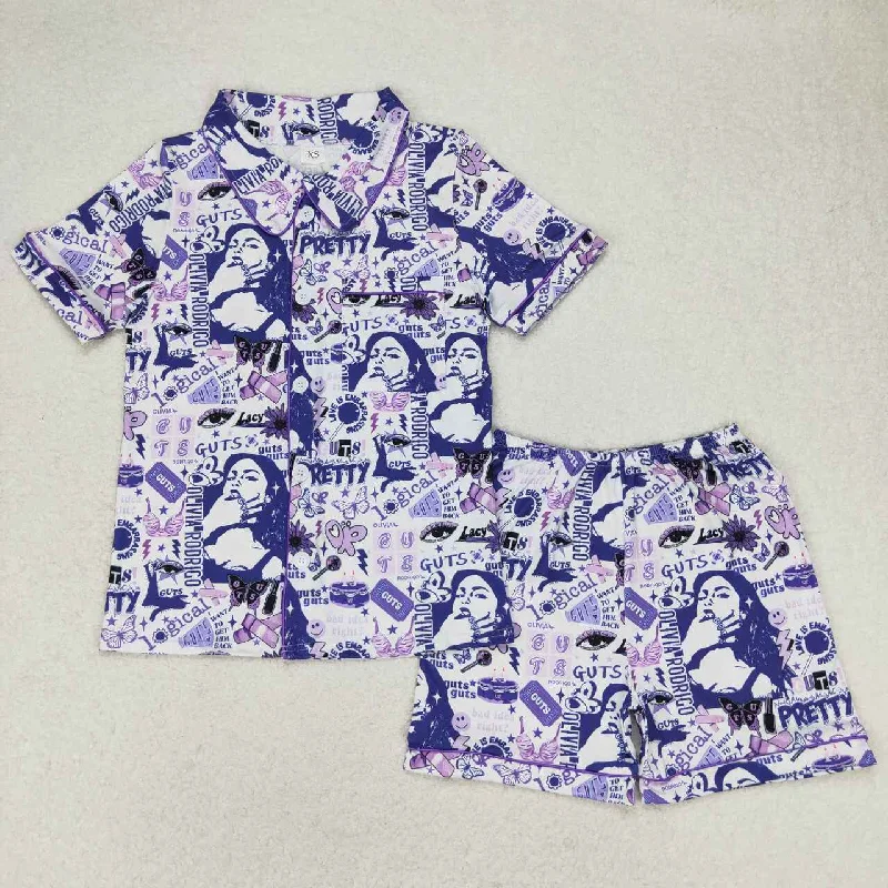 GSSO0987 Adult female butterfly purple white short sleeve shorts pajamas set high quality wholesale girl clothing set Cool Men's Distressed