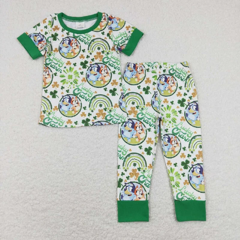 BSPO0251 St. Patrick  Green Lucky Clover Blue Dog Cartoon Boys Short Sleeve Bell Bottom Pants Outfits Pajamas Minimalist Men's Casual 