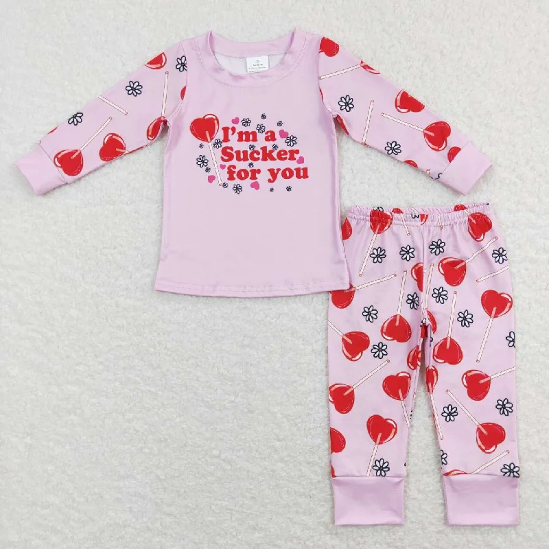 GLP1089 Valentine Love sucker for you  Girls Long Sleeve Pants Outfits Pajamas Stylish Men's Neon