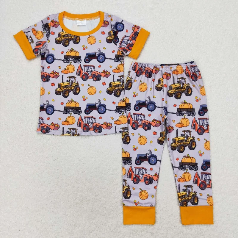 BSPO0422 Pumpkin truck tractor Orange grey short sleeve trousers pajamas set boys clothing sets 4-5 years Traditional Men's Wool