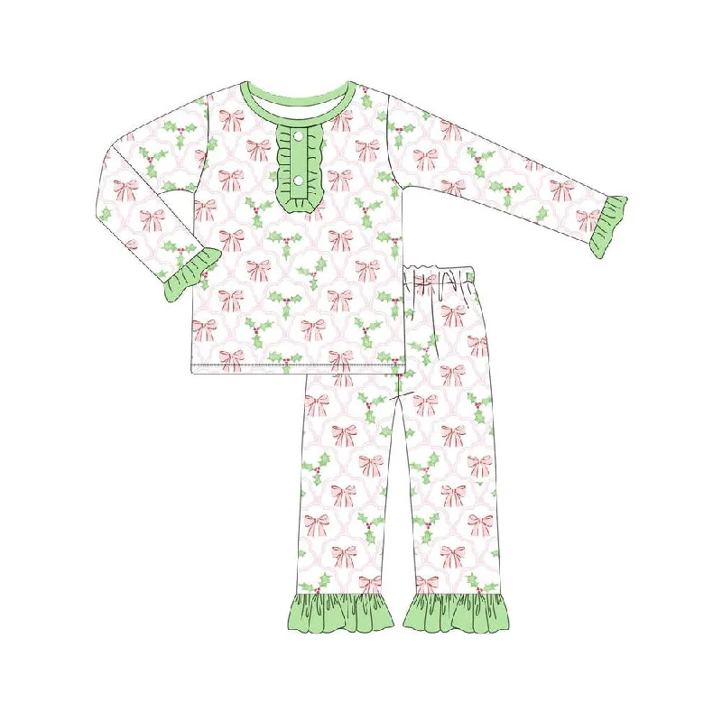 Preorder GLP1487 Pink bow pattern leaves Green lace white long sleeve trousers pajamas set Refined Men's European