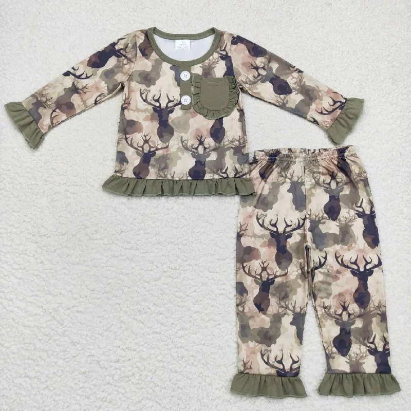 GLP0747 Green Deer Camo Girls Long Sleeve Pants Outfits Pajamas Stylish Men's Tropical 