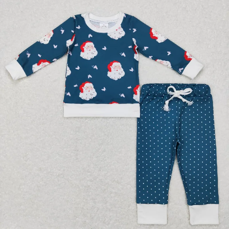 GLP0916 Christmas Blue Santa Cartoon Girls Long Sleeve Pants Outfits Pajamas Elegant Men's Cashmere