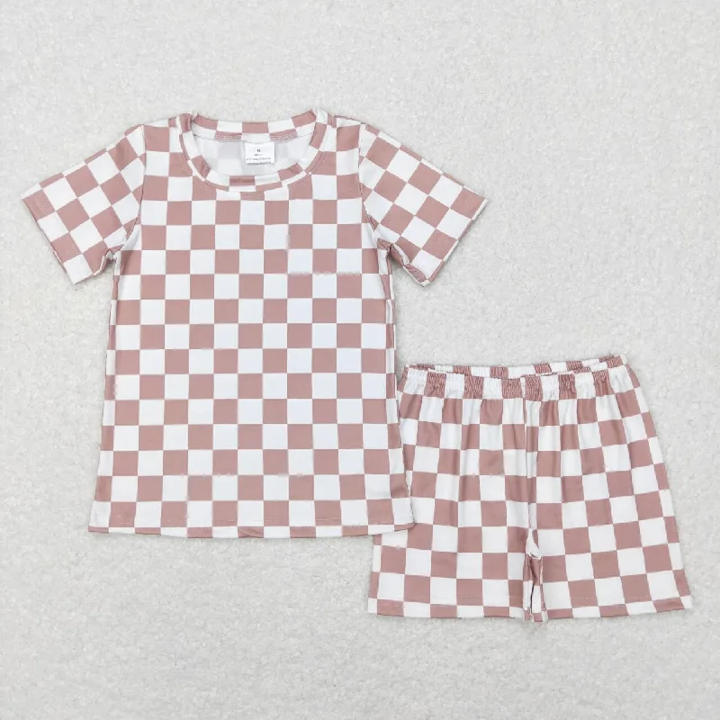 BSSO0326  Pink Plaid Boys Short Sleeve Shorts Outfits  Pajamas Streetwear Style