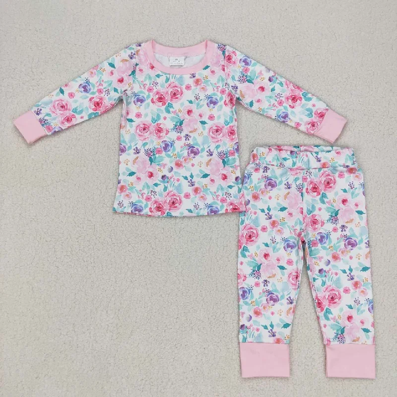 GLP0742  Pink Floral  Girls Long Sleeve Pants Outfits Pajamas Lumberjack