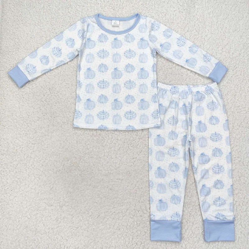 BLP0469 NO MOQ Modal Pumpkin blue and white long sleeve pants pajamas set little boys clothing sets Laid