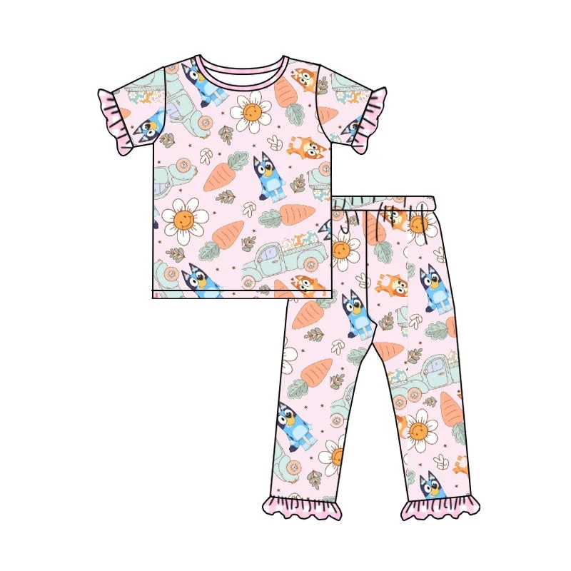 preorder GSPO1278 Easter Blue Dog Cartoon Rabbit Girls Short Sleeve Pants Outfits Pajamas Laid