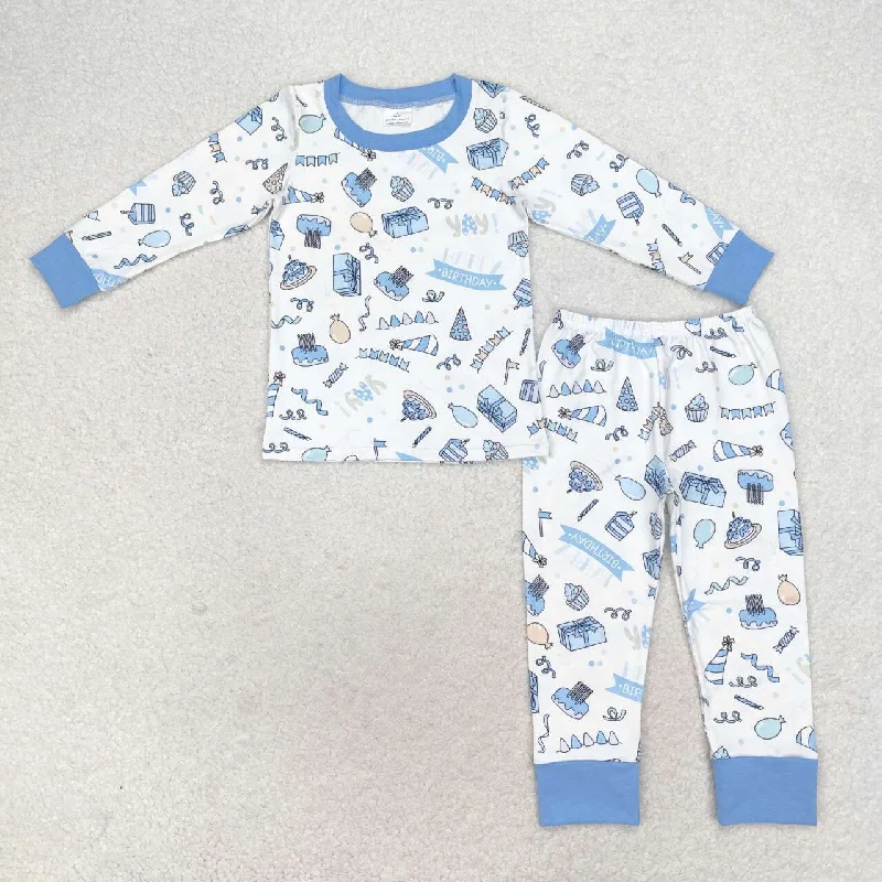 BLP0470 NO MOQ happy birthday cake Blue and white long sleeve trousers pajamas set Tailored