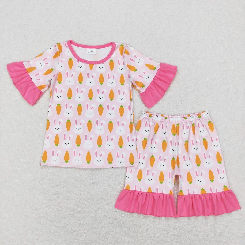 GSSO0407 Easter Pink Rabbit Carrot Girls Short Sleeve Shorts Outfits Pajamas Masculine Men's 