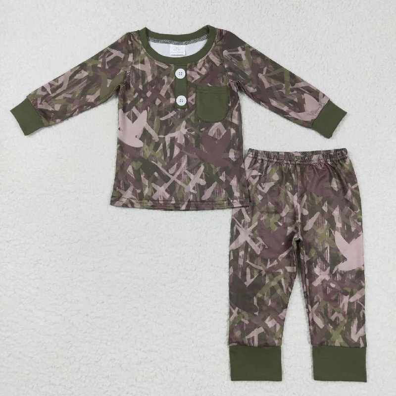 BLP0326 Green Bird Camo Boys Long Sleeve Pants Outfits Pajamas Relaxed Men's Australian 