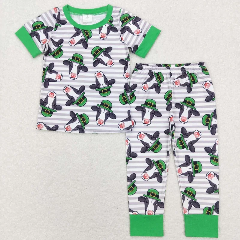 BSPO0279  St. Patrick Green Pink Lucky Clover Cow Boys Short Sleeve Bell Bottom Pants Outfits Pajamas Trendy Men's Bucket