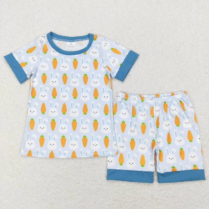 BSSO0357 Blue Easter Carrot Rabbit Boys Short Sleeve Shorts Outfits Pajamas Business