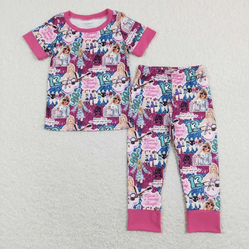 GSPO1332 Pink Taylor Singer Girls Short Sleeve Bell Bottom Pants Outfits Pajamas Sporty Men's Athleisure 