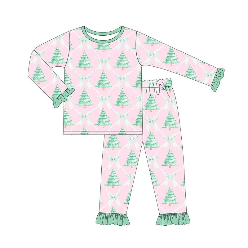 Preorder GLP1242 Christmas tree bow Green lace pink long sleeve pants pajamas set Polished Men's Silk